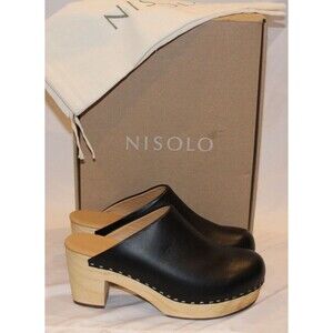 Nisolo Leather‎ Closed Toe Slip On Wooden All Day Mule Heeled Clogs BLACK